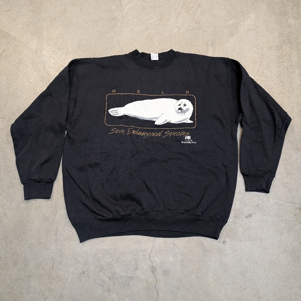 VTG 90s Save the Seals Black Crewneck Sweater Mens XL Artex